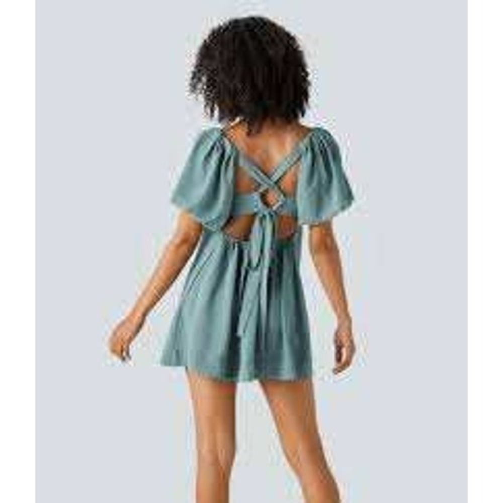 Halara Open Back Puff Sleeve Mini Dress Womens Small‎ Blue NWT